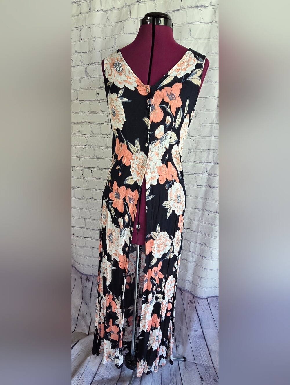 Roxy Black Maxi Dress Overlay with Coral & White Floral Print